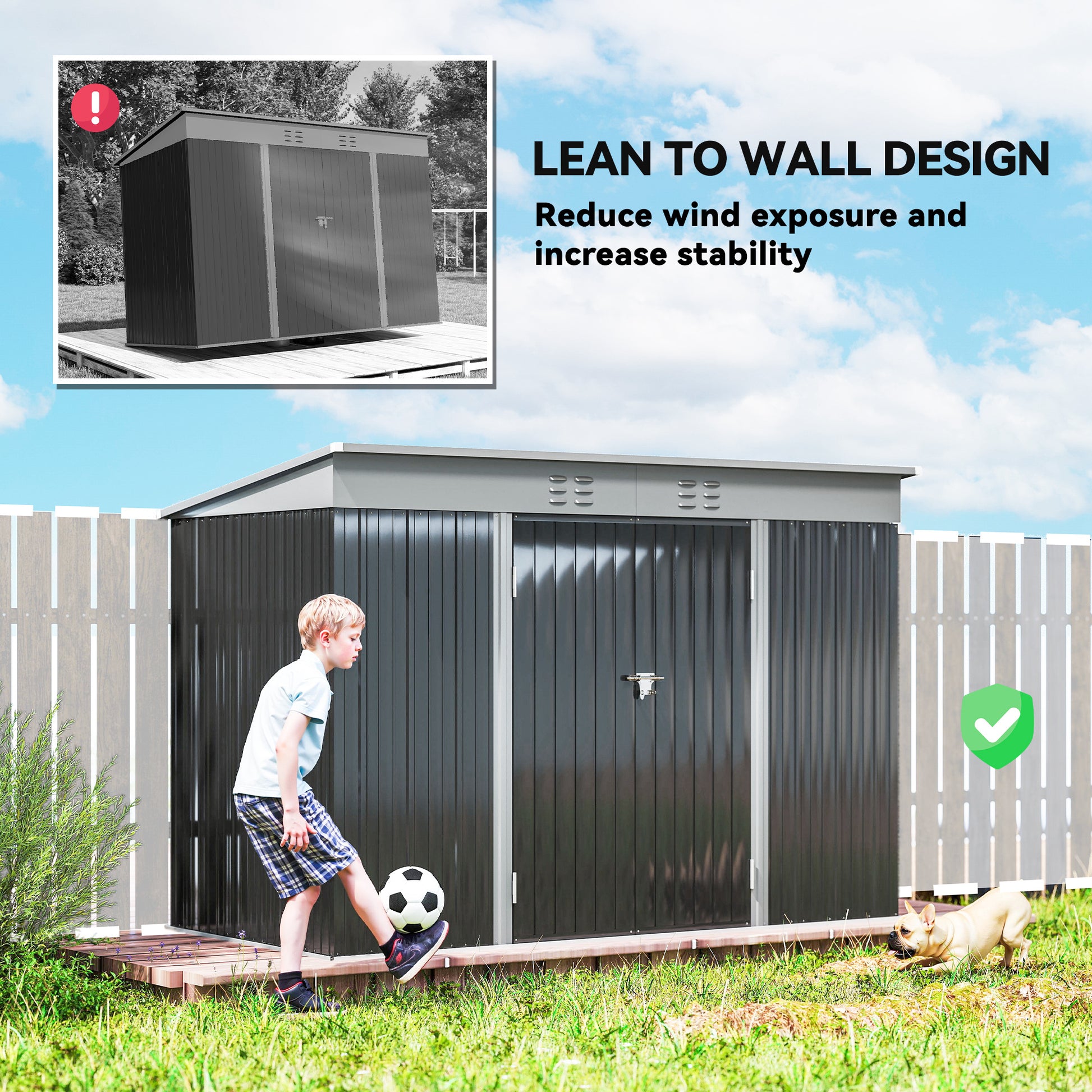 9' x 4' Galvanized Steel Garden Storage Shed with Lockable Doors, Gloves and 2 Air Vents for Backyard, Patio, Lawn