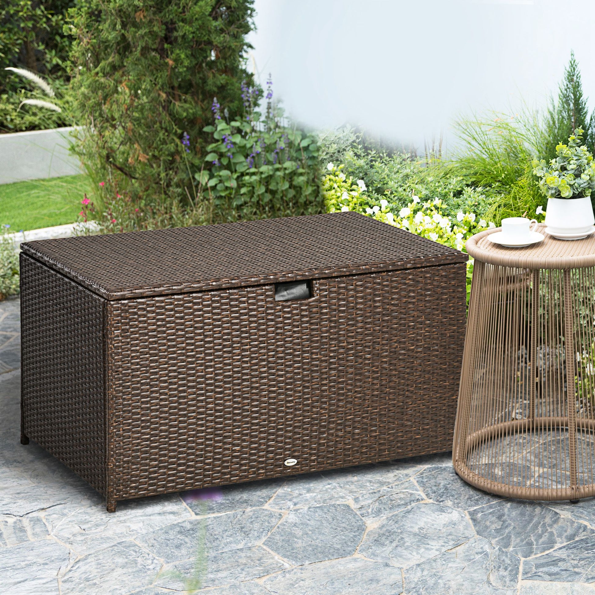 113 Gallon Outdoor Storage Box, Rattan Deck Box for Indoor, Patio Furniture Cushions, Brown