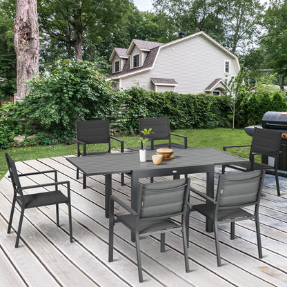 Patio Dining Set for 6, Aluminum Expandable Outdoor Table and 6 Stackable Chairs with Padded Back, Mesh Seat, Dark Grey