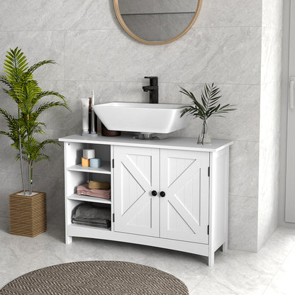 Bathroom Vanity Cabinet, Under Sink Storage Cabinet with Double Doors, Open and Adjustable Shelves, White