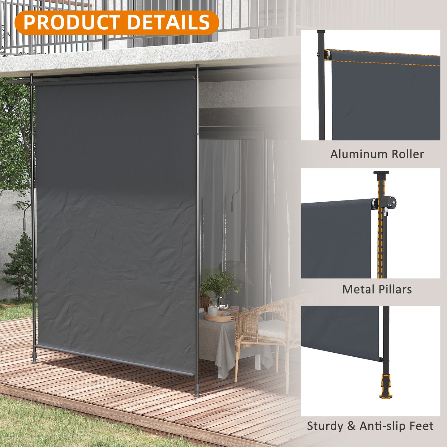 7' x 10' Retractable Patio Awning, Manual Outdoor Privacy Screen with UPF40+ & Water-Resistant Fabric, Grey