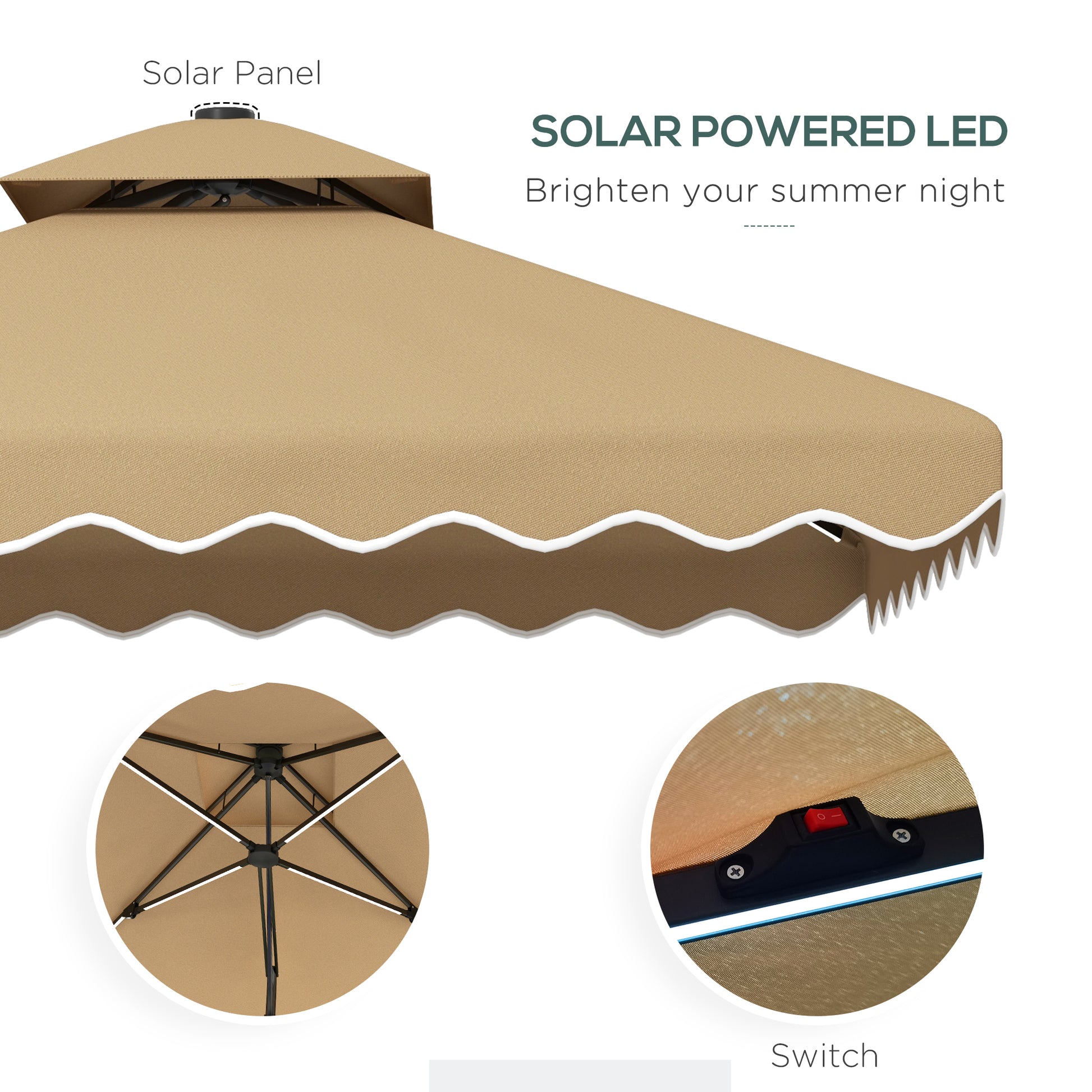 8' x 8' Square Double Top Offset Patio Umbrella Garden Parasol with Solar LED Lights, Ruffles and Weights, Khaki