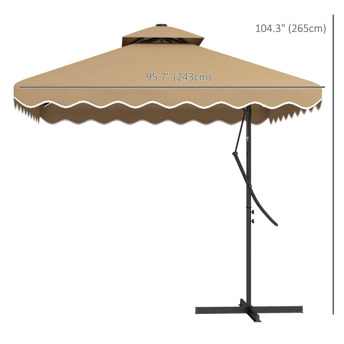 8' x 8' Square Double Top Offset Patio Umbrella Garden Parasol with Solar LED Lights, Ruffles and Weights, Khaki