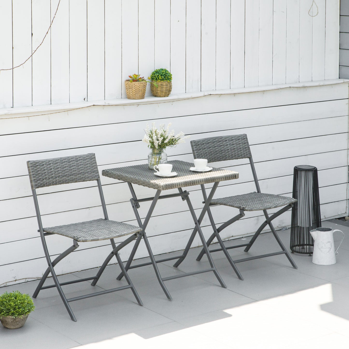 3-Piece Outdoor Folding Rattan Bistro Set, Grey