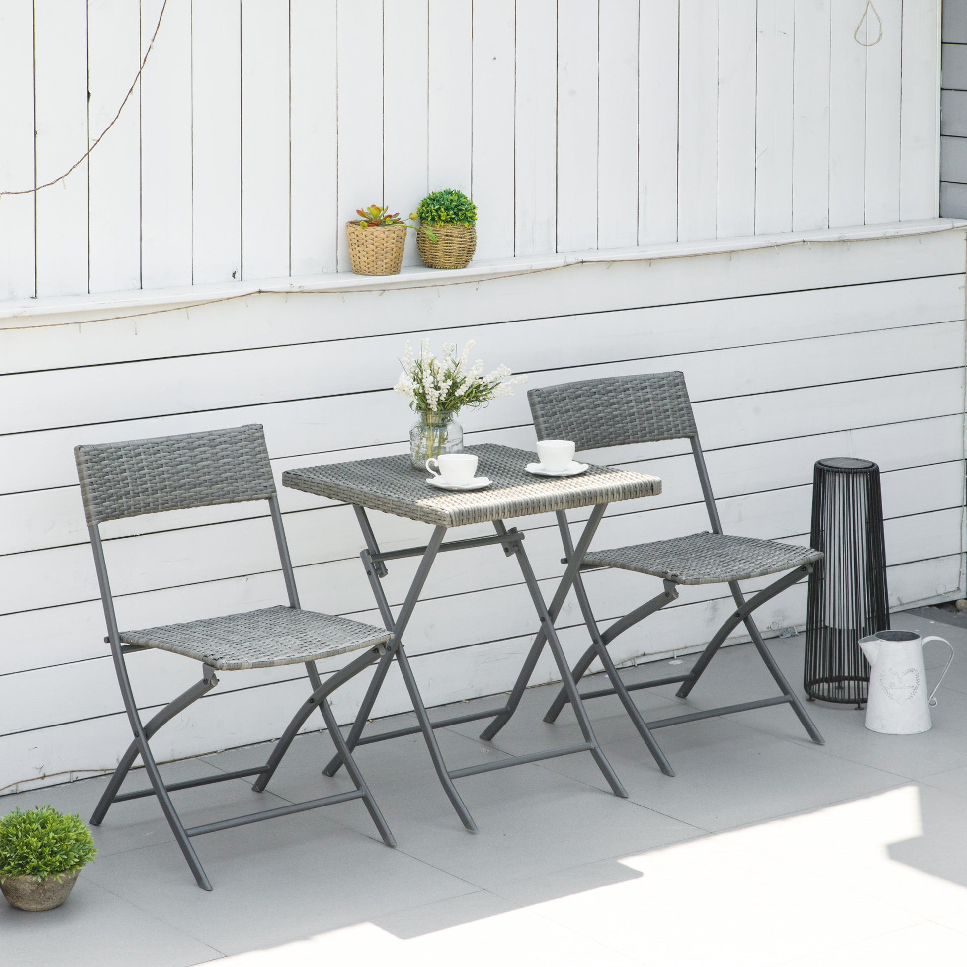 3-Piece Outdoor Folding Rattan Bistro Set, Grey