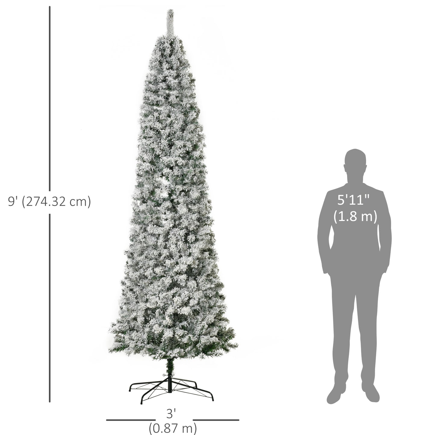 9 Feet Prelit Artificial Snow Flocked Pencil Christmas Tree, Slim Xmas Tree with Warm White LED Light, Holiday Home Xmas Decoration, Green