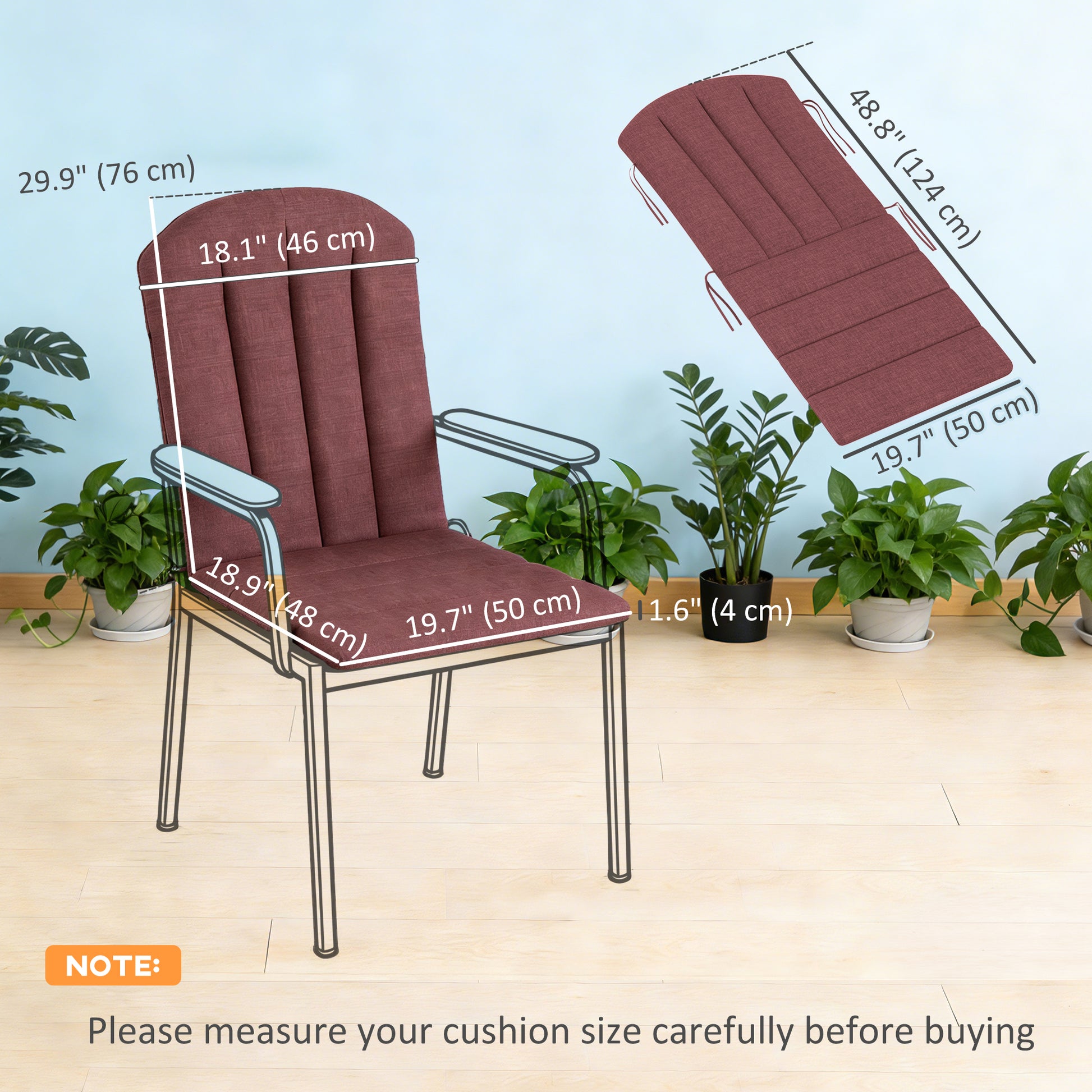 Set of 2 Patio Chair Cushions, High Back Adirondack Chair Cushion with Ties, High-Density Foam, Wine Red
