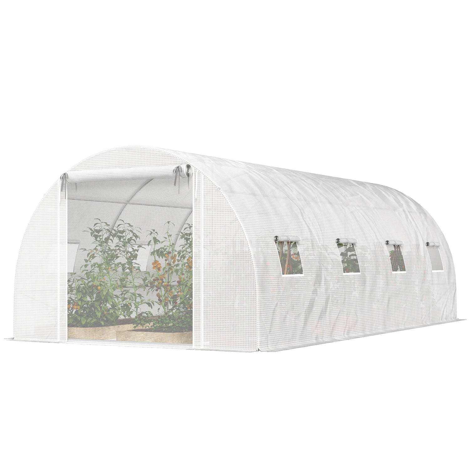 Walk-in Tunnel Greenhouse with 2 Support Rods, Mesh Door, Plant Hot House with PE Cover, 20'x10'x7', White