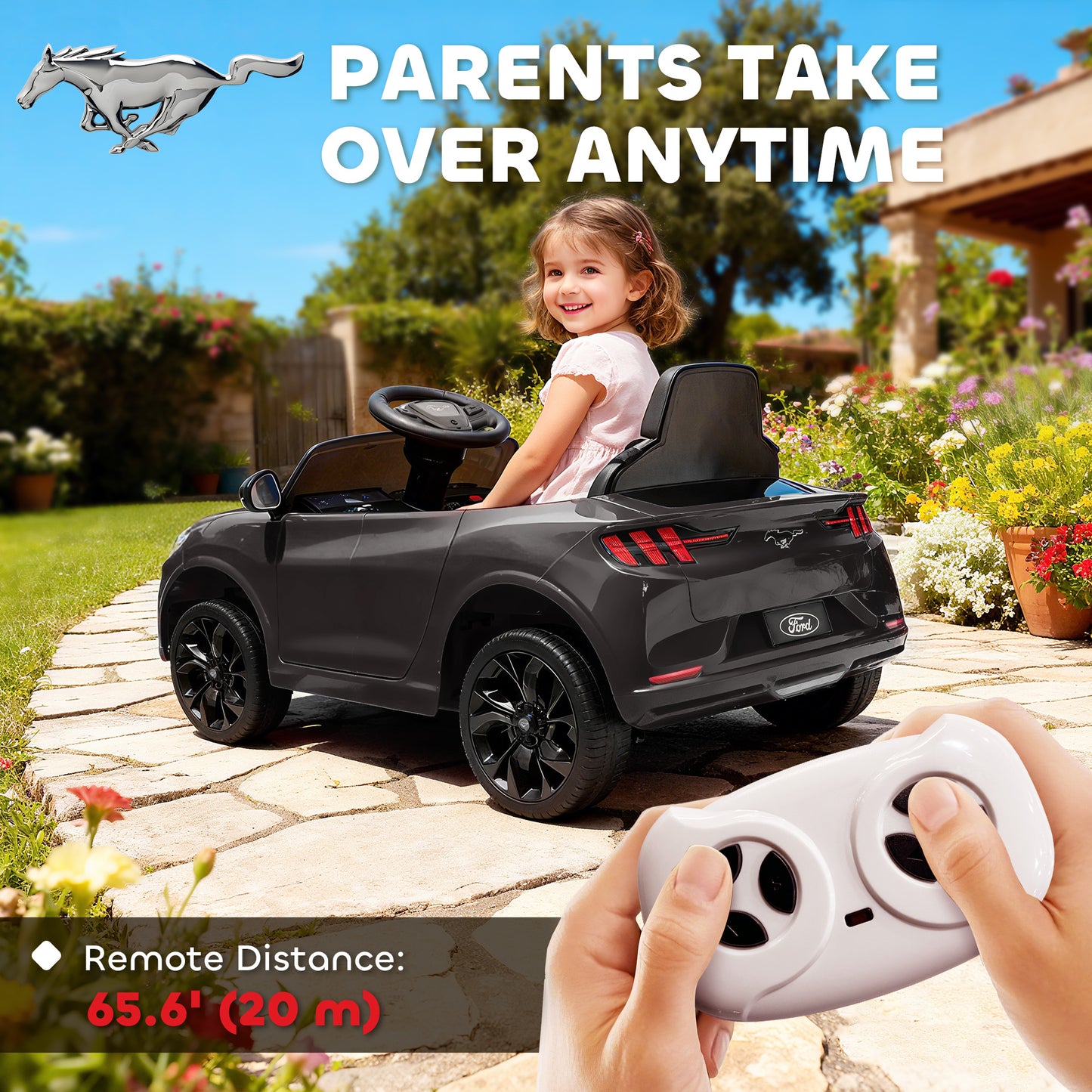 Qaba Ride On Car for Kids, Licensed Ford Mustang Mach-E 12V Electric Car with Remote Control, LED Light, Music, Black