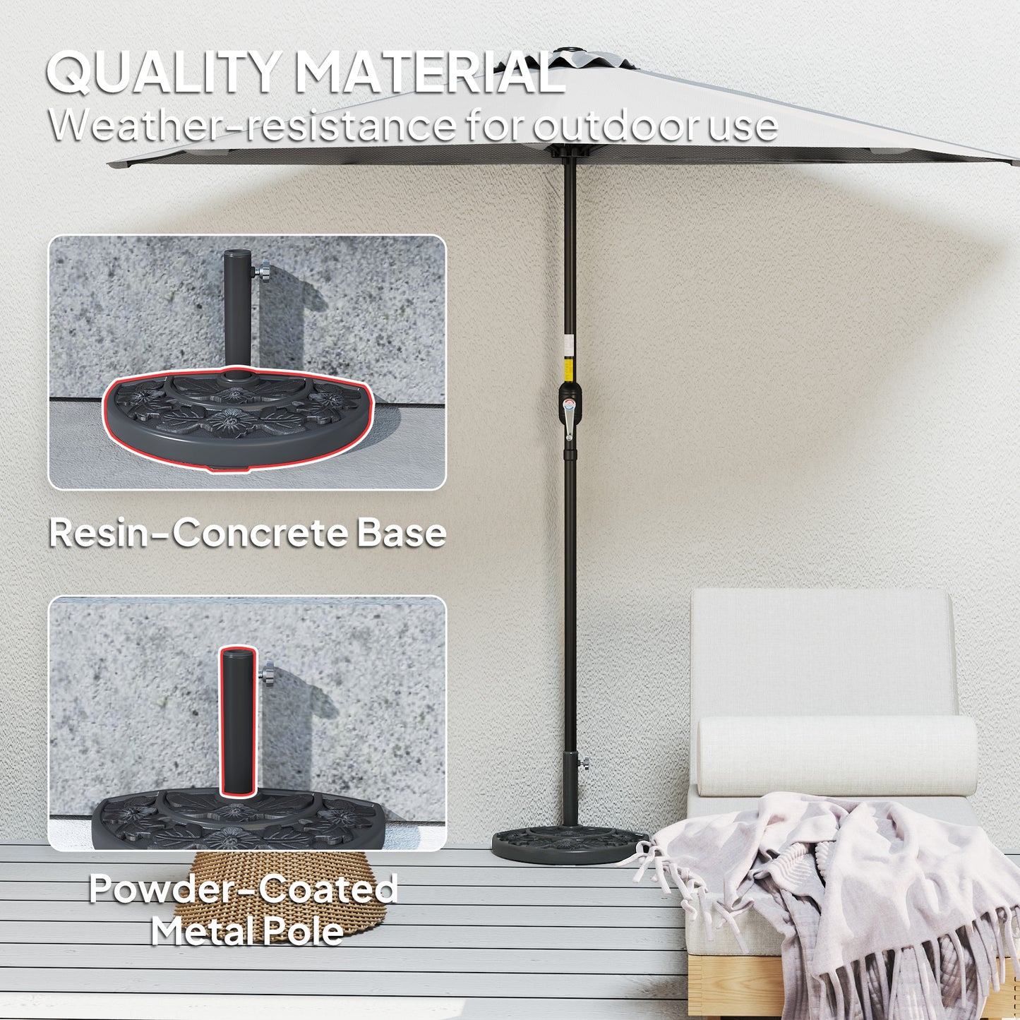 21 lbs Resin Half Umbrella Base, Concrete Half Umbrella Stand Outdoor Umbrella Base with Flower-Leaf Design, Patio Umbrella Stand for Outdoor Lawn Poolside, Black