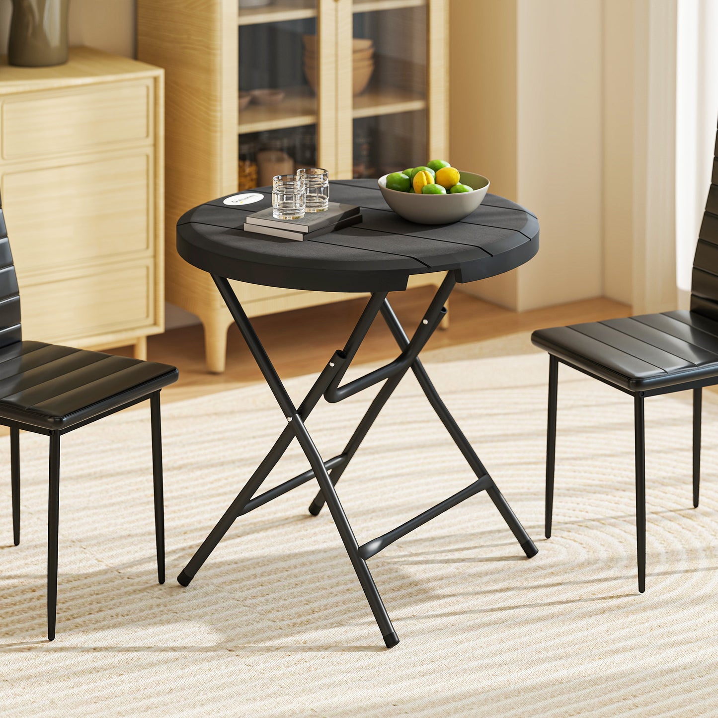 Foldable Round Patio Table for 4, Outdoor Dining Table with HDPE Tabletop and Steel Frame, Dark Grey