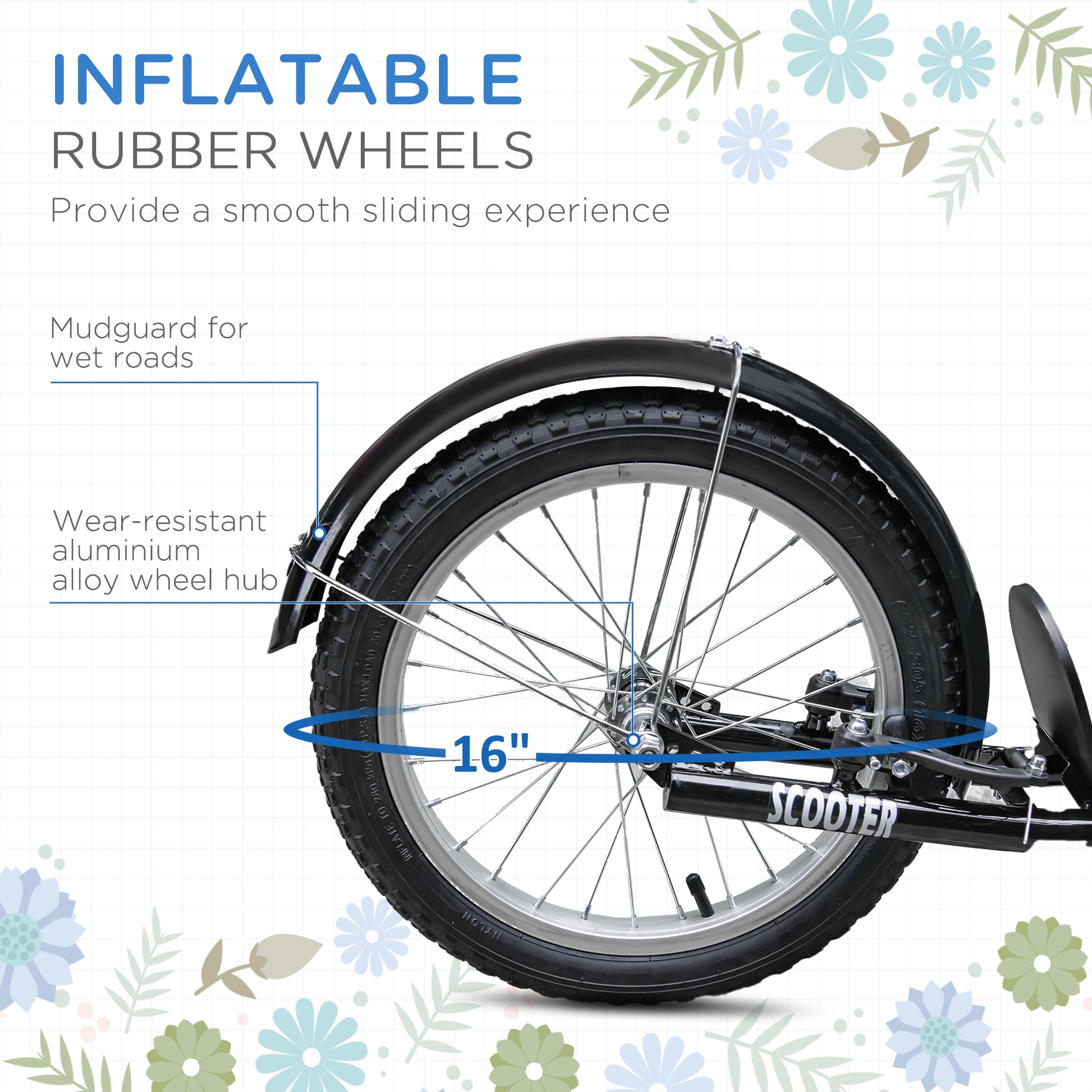 Aosom Kick Scooter with Adjustable Handlebar, Kids Scooter with 2 Brakes Basket Cupholder 16" Inflatable Rubber Tyres Blue