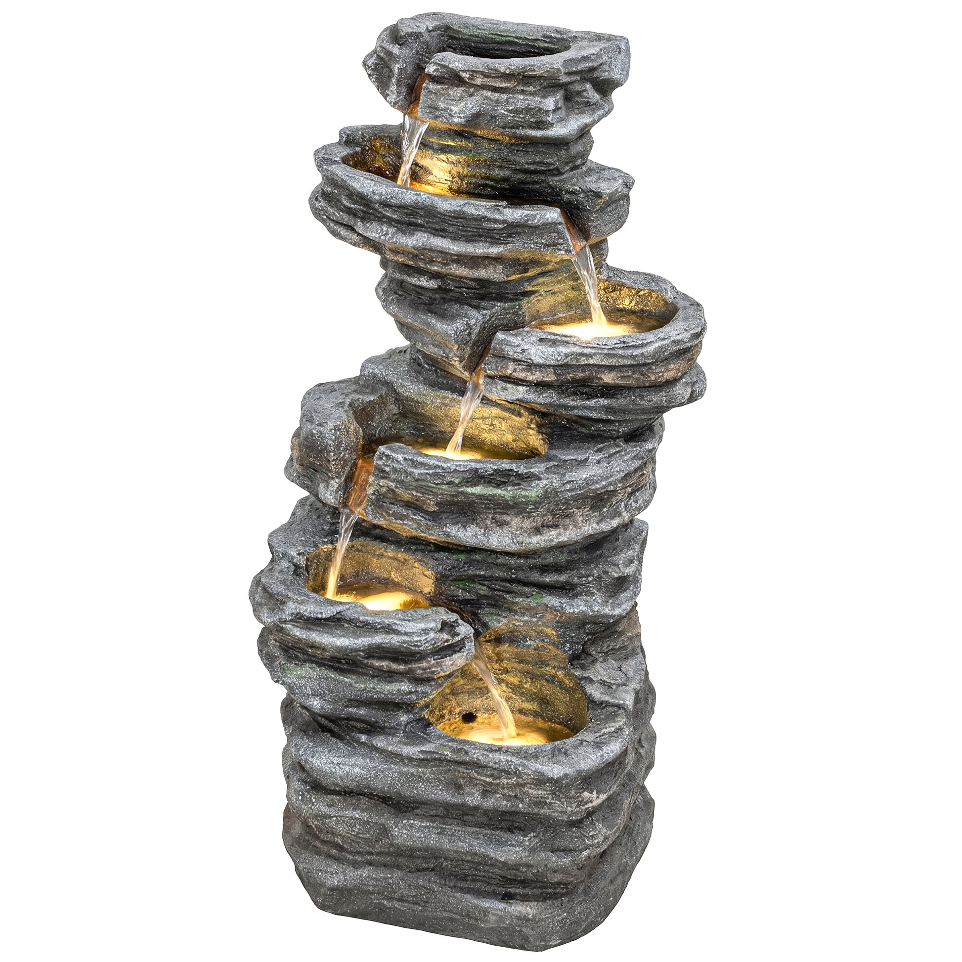 Outdoor 6-Tier Water Fountain, Waterfall Fountain with LED Lights, Resin Waterfall Feature with Pump, Grey