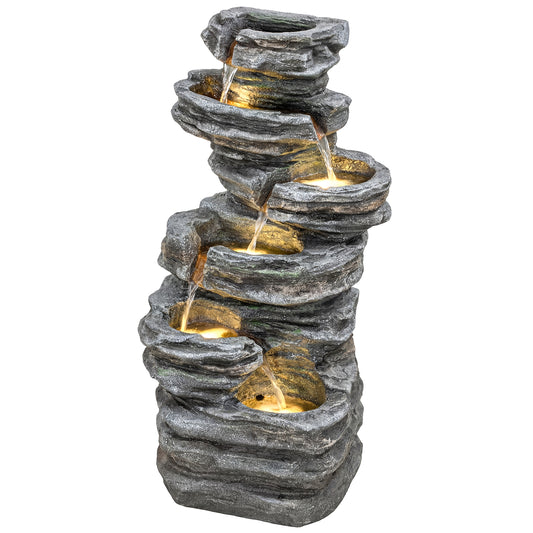 Outdoor 6-Tier Water Fountain, Waterfall Fountain with LED Lights, Resin Waterfall Feature with Pump, Grey