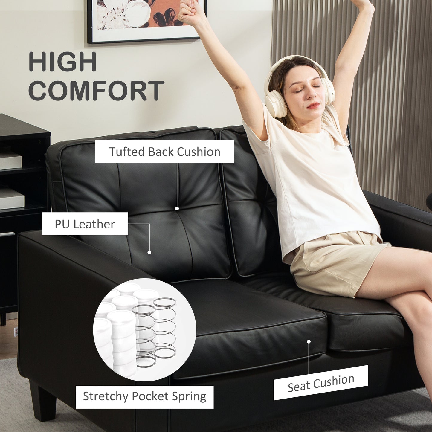 51" Double Sofa Couch, Upholstered PU Leather Loveseat with Armrests, Tufted Backrest, Cushion, Black