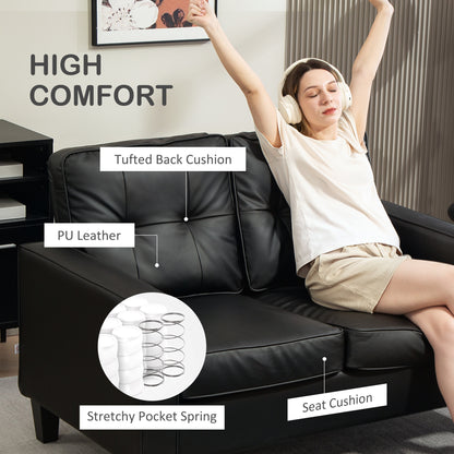 51" Double Sofa Couch, Upholstered PU Leather Loveseat with Armrests, Tufted Backrest, Cushion, Black