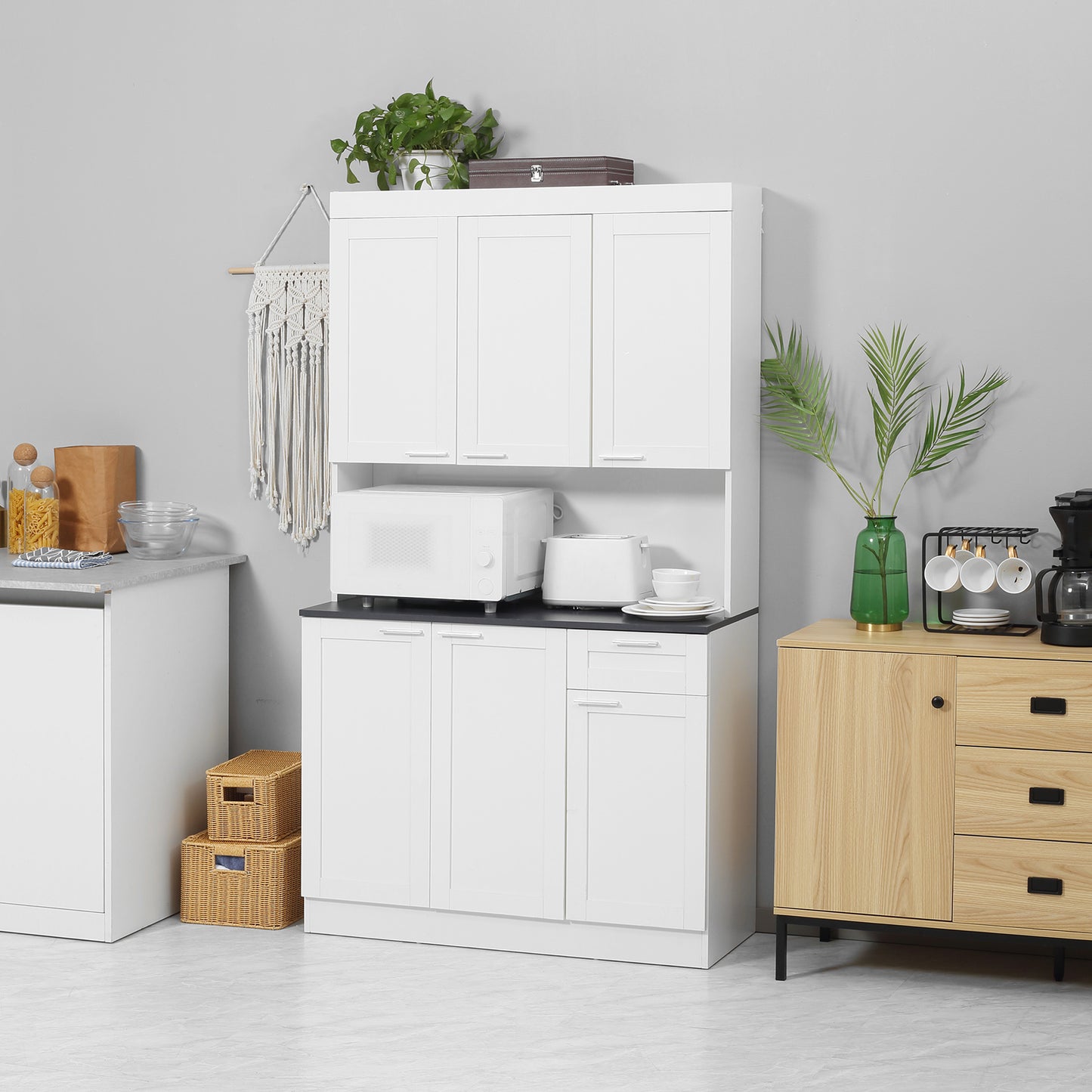 71" Kitchen Pantry Cabinet, Storage Buffet with Hutch, Adjustable Shelves,Cable Management for Kitchen, Living Room, High Gloss White