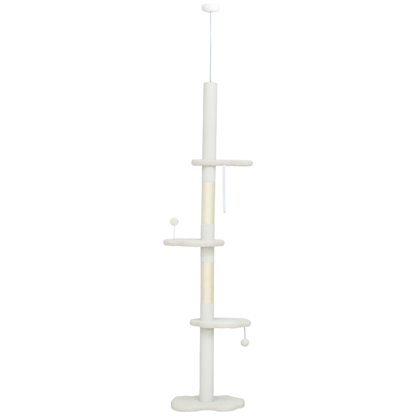 88.5"-100.5" Floor to Ceiling Cat Tree, Cat Tower with Scratching Posts, Cloud Shaped Platforms, Dangling Balls, Cream