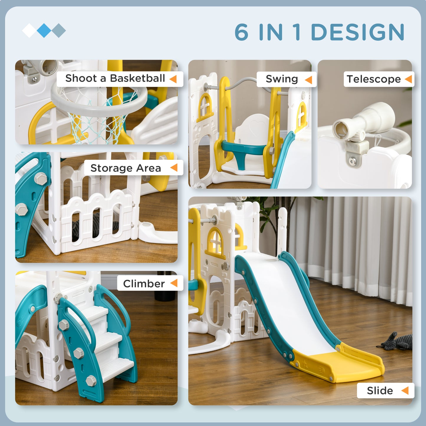 Qaba 6-in-1 Slide and Swing Set Baby Swing Playset Indoor with Basketball Hoop, Climber, Storage Space, Telescope, Yellow