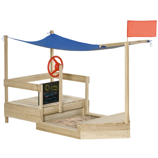 Kids Wooden Sandbox with Cover, Foldable Sandpit, Covered Children Sand Boat Outdoor, w/Flag, Bottom Liner, for 3-8 Years Old, Natural Wood