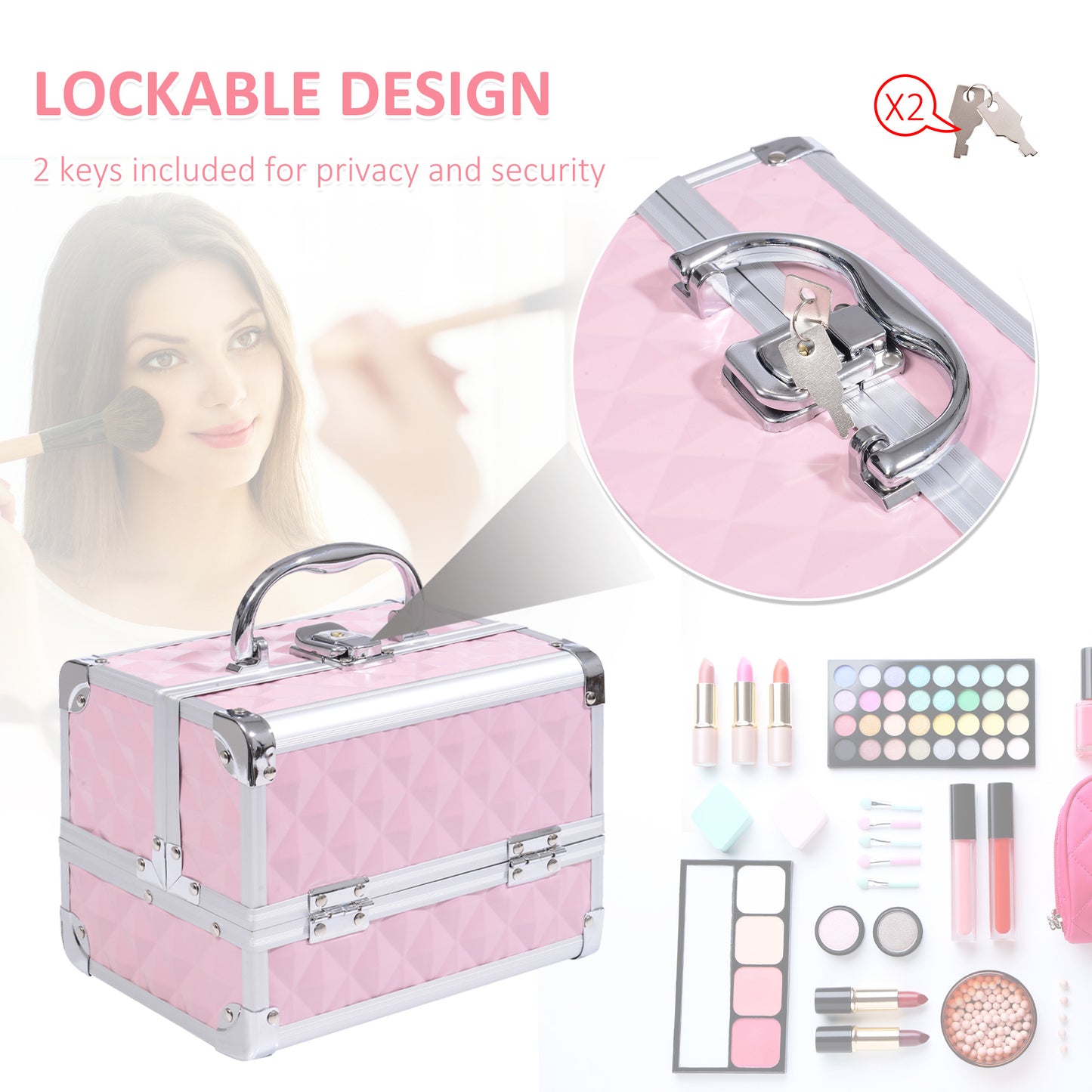 3 Tier Diamond Texture Makeup Train Case Cosmetic Organizer with Mirror, Pink
