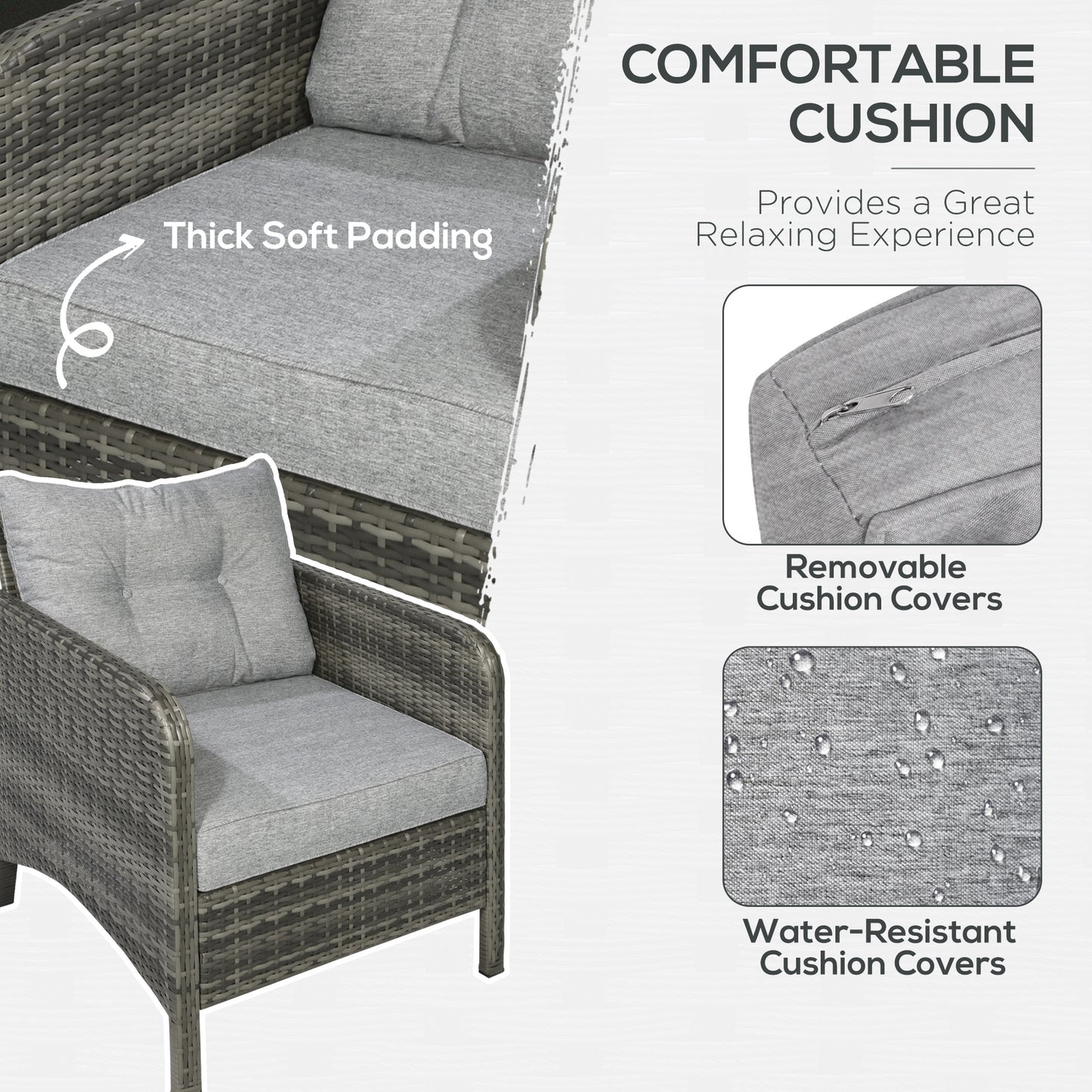 5 Pieces Wicker Patio Furniture Sofa Set Thick Padded Cushions, Outdoor PE Rattan Conversation Coffee Set with Armchairs, Footstools and Glass Top Table, Light Grey