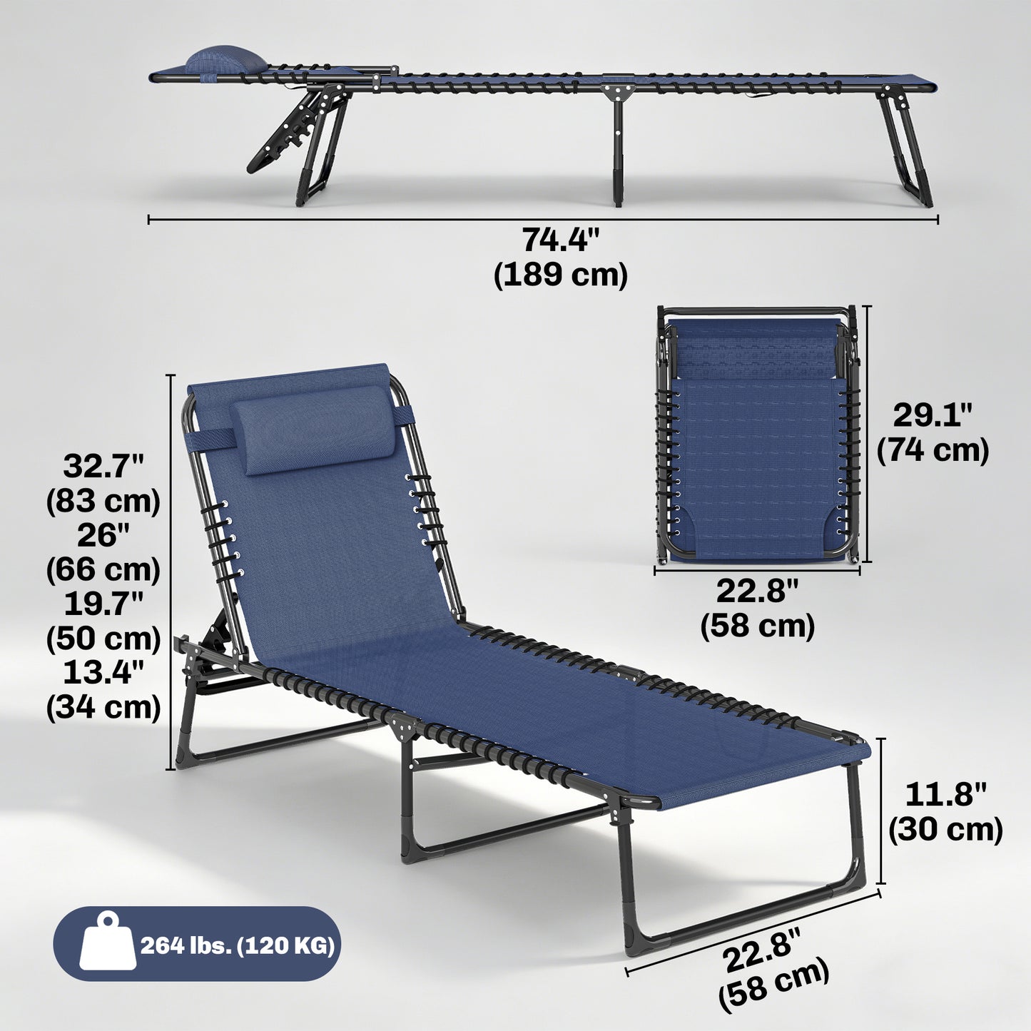 2 PCs Folding Lounge Chair, Adjustable Chaise Lounge with Headrest, Reclining Lounger Cot for Camping, Hiking, Dark Blue
