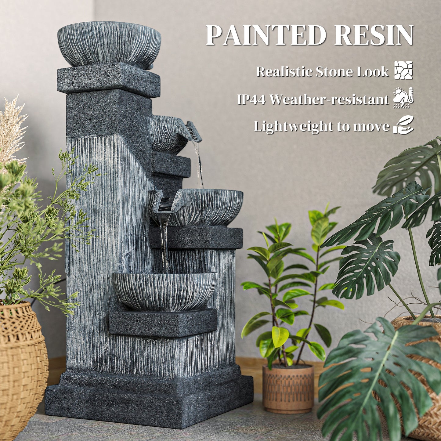 33.5" Water Fountain, 4-Tier Resin Cascading Bowls Outdoor Waterfall Fountain with LED Lights, Pump