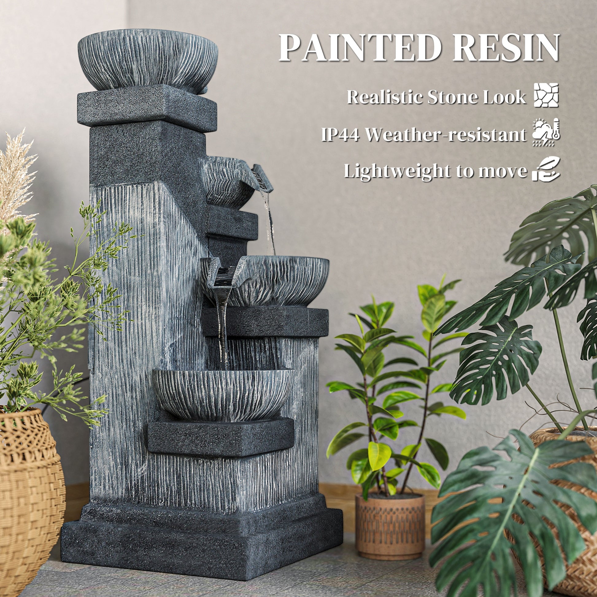 33.5" Water Fountain, 4-Tier Resin Cascading Bowls Outdoor Waterfall Fountain with LED Lights, Pump