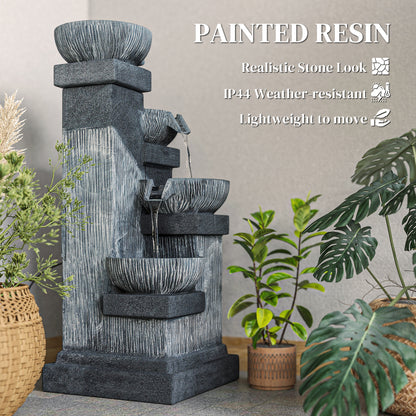 33.5" Water Fountain, 4-Tier Resin Cascading Bowls Outdoor Waterfall Fountain with LED Lights, Pump