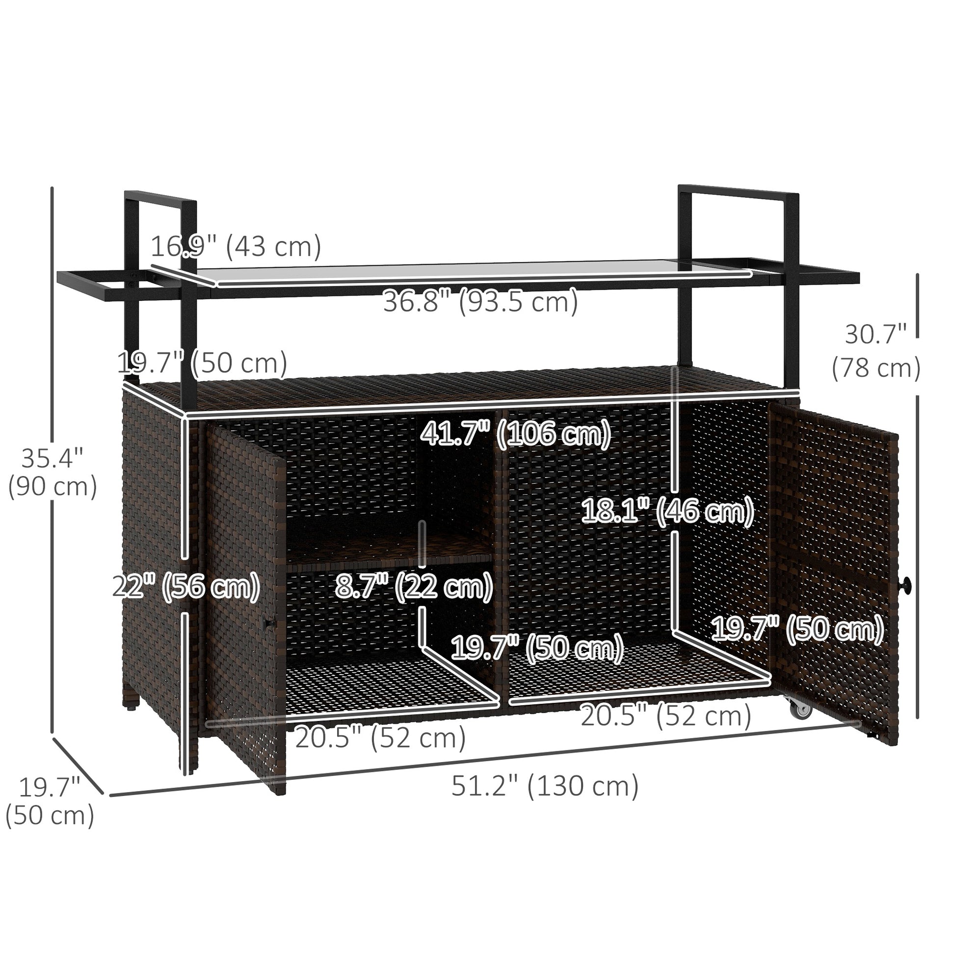 2-Tier PE Rattan Outdoor Bar Cart, Glass Top Outdoor Kitchen Island with Cabinet, Mixed Brown