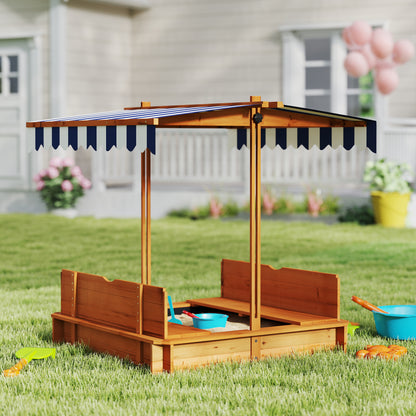 Wooden Kids Sandbox with Cover, Sand Play Station with Foldable Bench Seats and Adjustable Canopy, Red