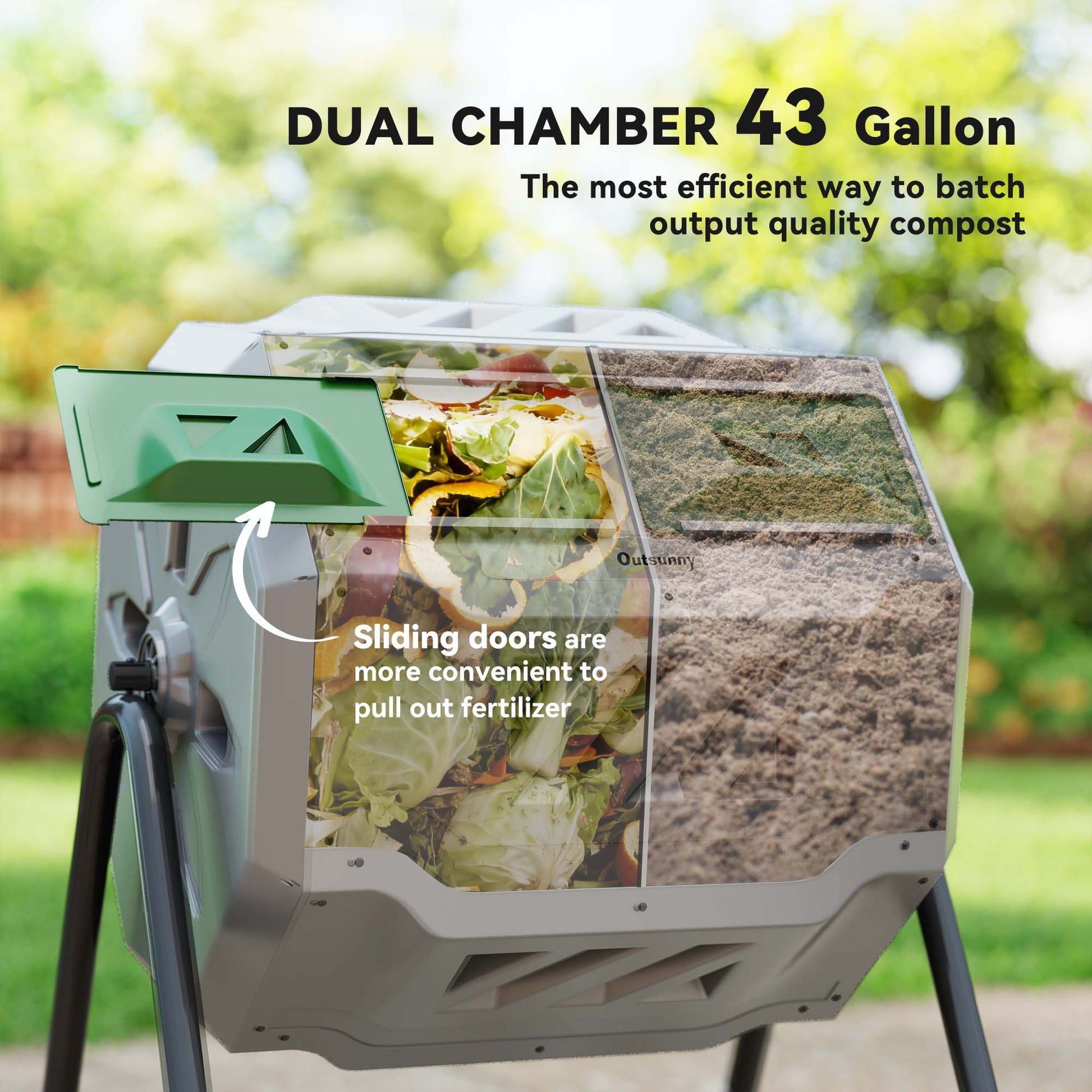 Tumbling Compost Bin Outdoor Dual Chamber 360° Rotating Composter 43 Gallon with Sliding Doors, Dark Green
