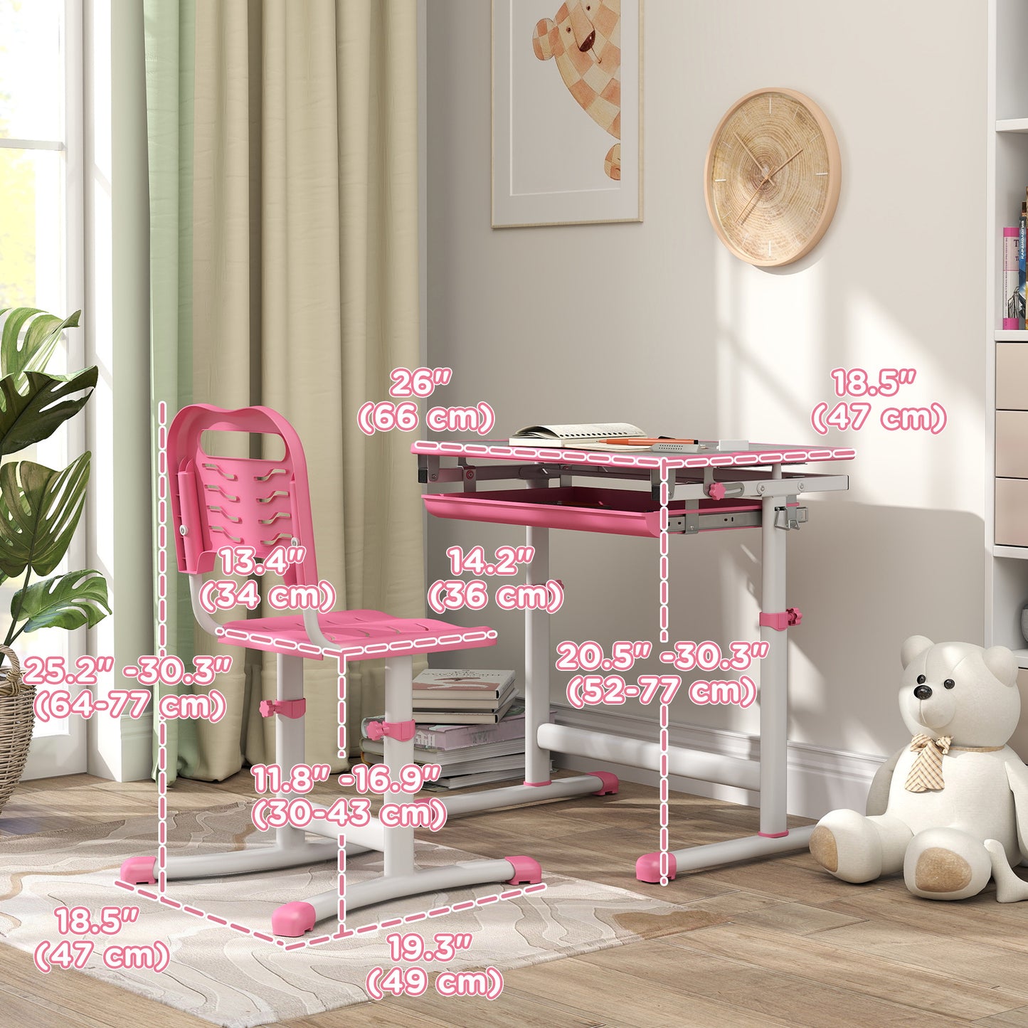 Qaba Height Adjustable Study Table and Chair Set with Drawer, Pen Slot, Tiltable Desktop, Hook, Pink