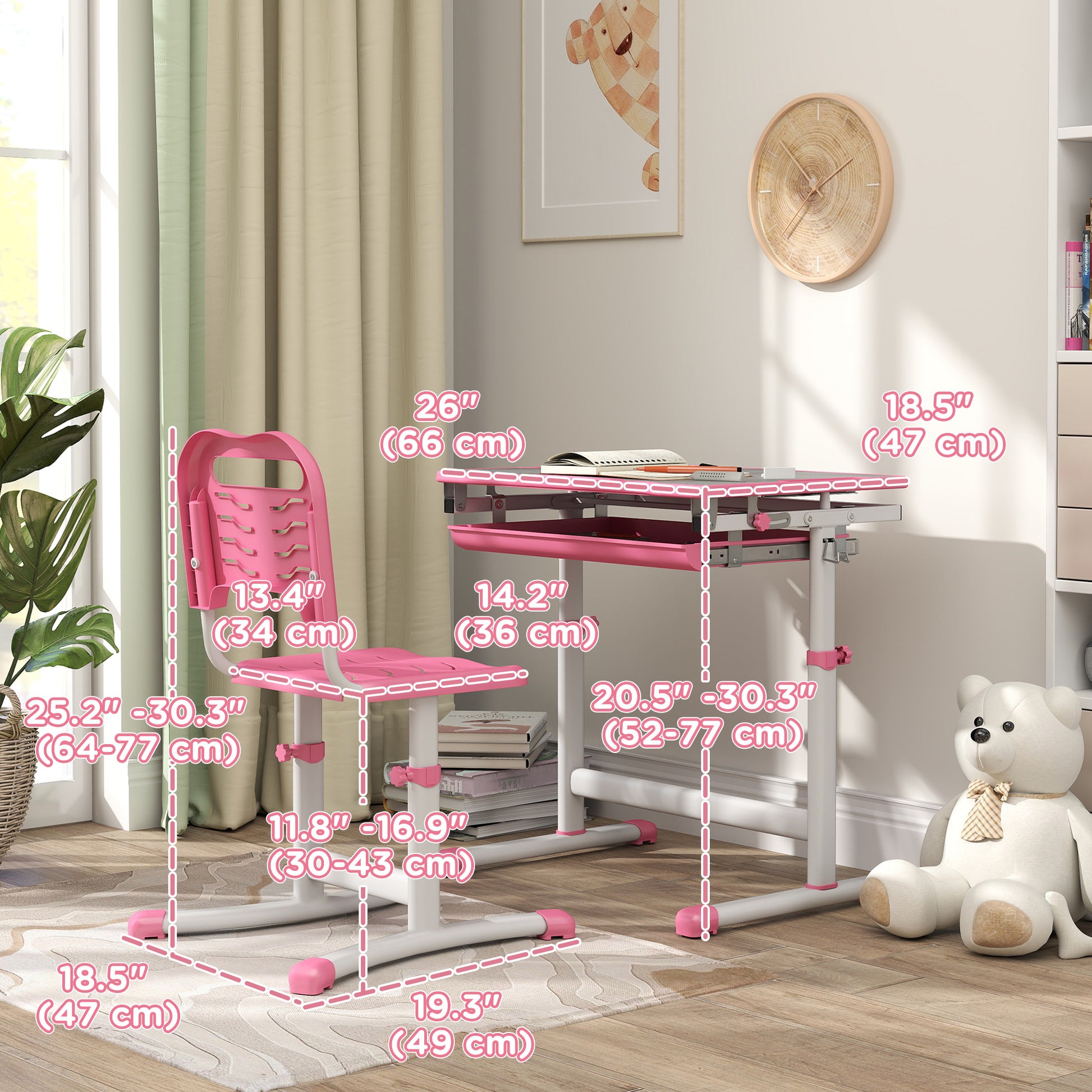 Qaba Height Adjustable Study Table and Chair Set with Drawer, Pen Slot, Tiltable Desktop, Hook, Pink