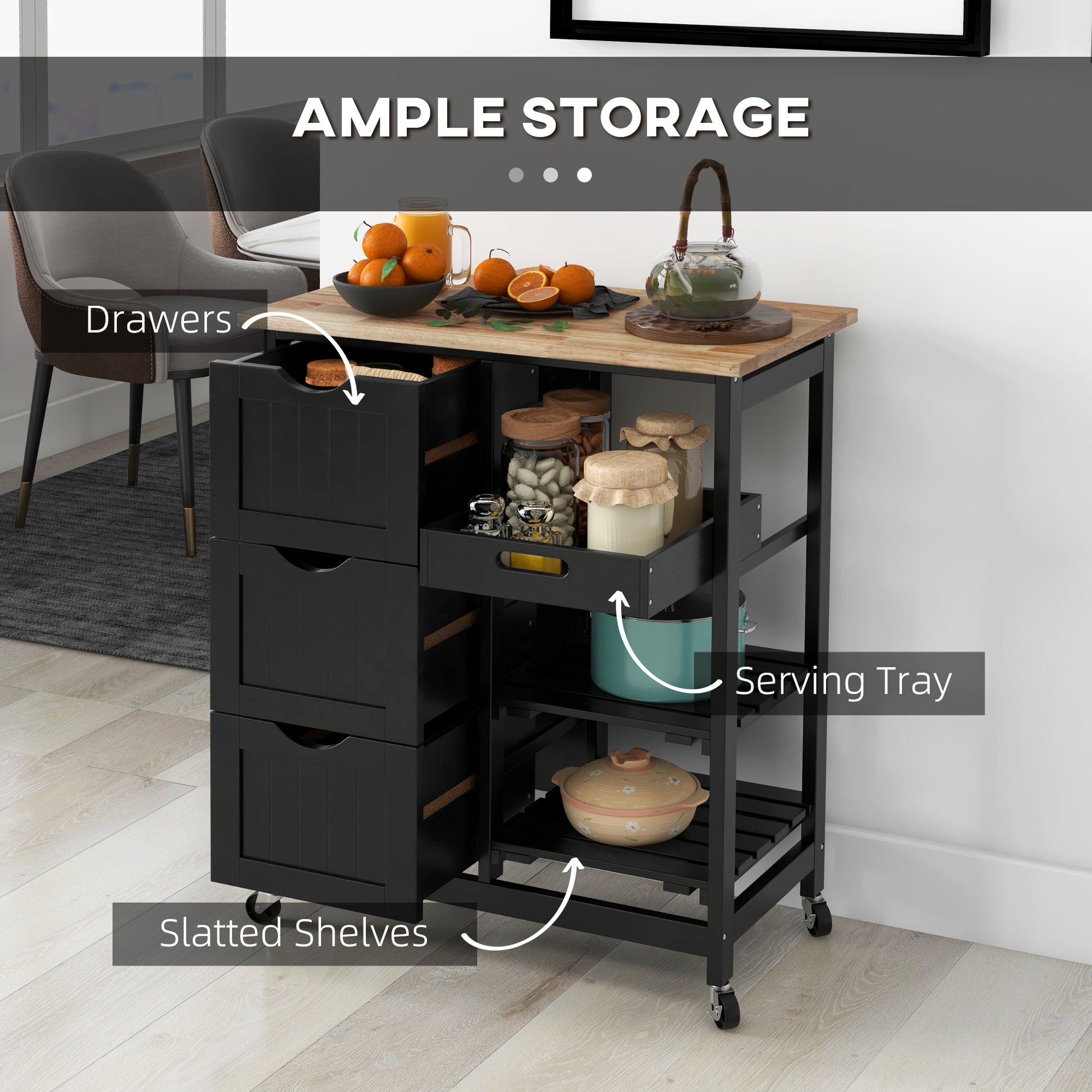 Kitchen Cart on Wheels, Rolling Kitchen Island Cart with Wood Top, 3 Drawers and Shelves for Home Dining Area, Black