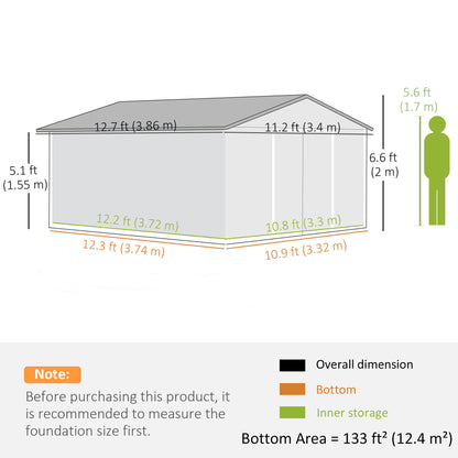 11' x 13' Garden Storage Shed Metal Tool Storage House, with Double Sliding Doors, Foundation Kits Included, Brown