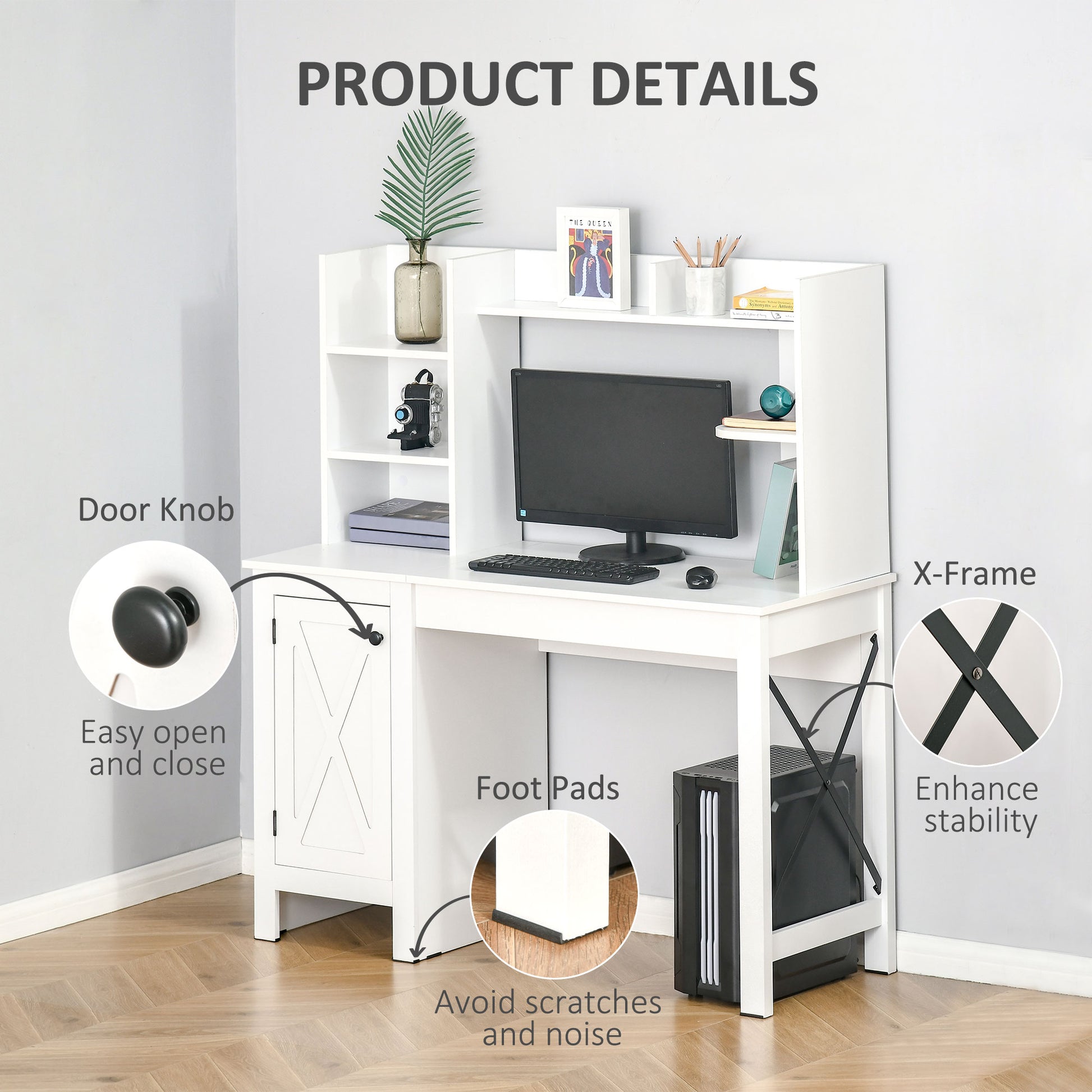 Computer Desk with Storage, 47 Inch Farmhouse Home Office Desk with Open Shelves and 2-Tier Cabinet, White