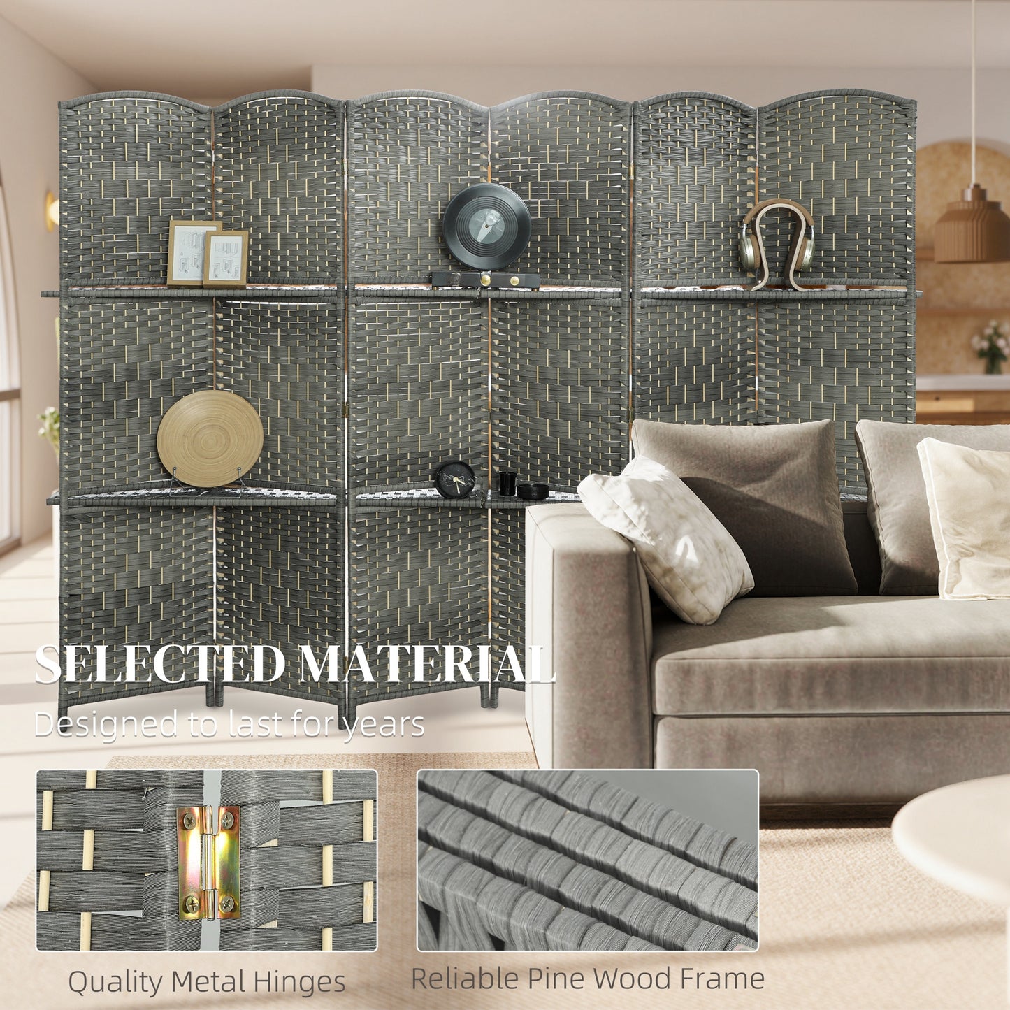 6 FT Privacy Screen, 6 Panel Room Divider with Shelves for Living Room Bedroom Home Office, Grey