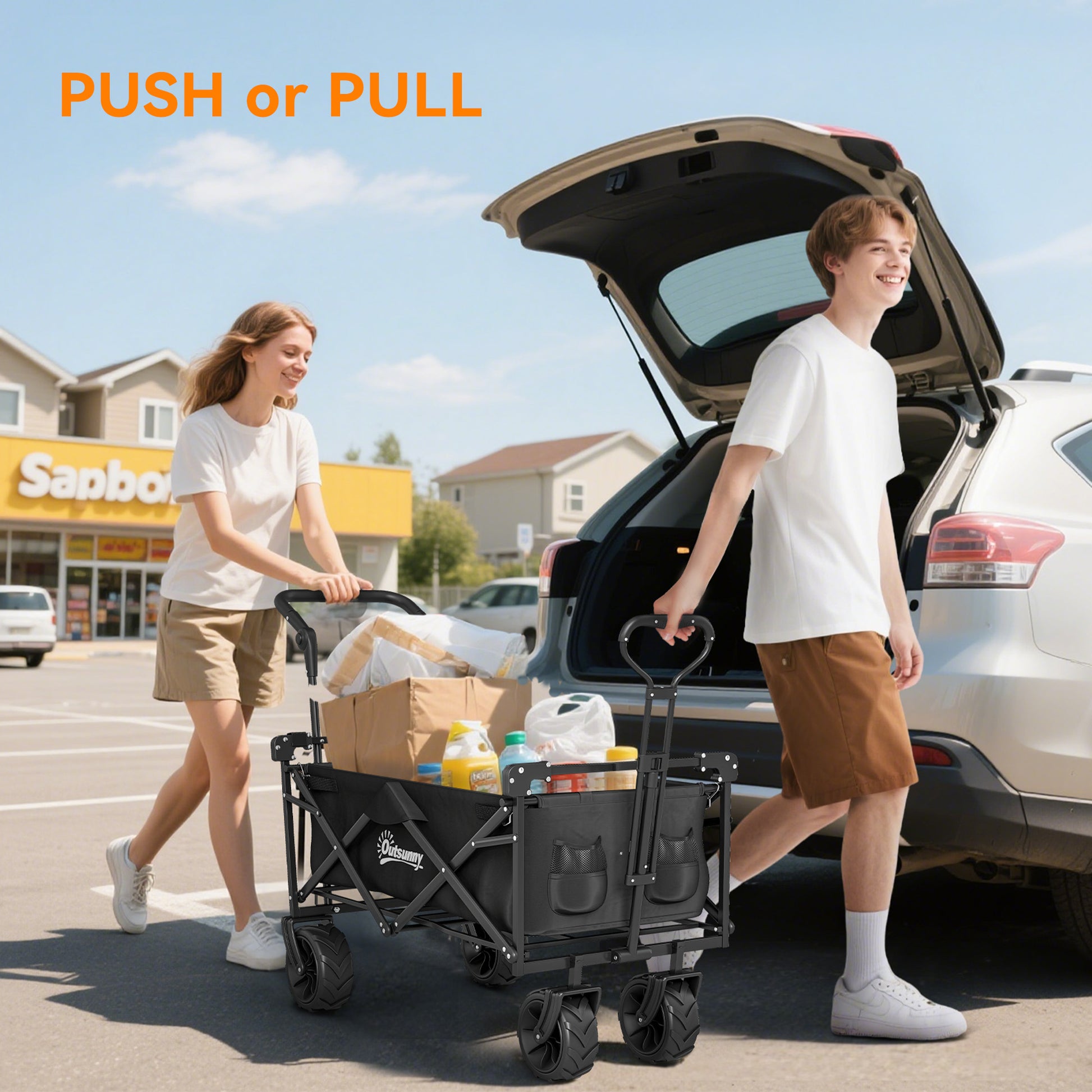 80L Folding Wagon Cart with Wheels, Heavy-Duty Collapsible Wagon with Removable Canopy, Adjustable Handle, Black