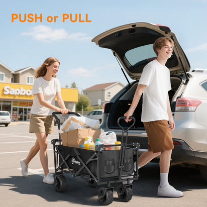 80L Folding Wagon Cart with Wheels, Heavy-Duty Collapsible Wagon with Removable Canopy, Adjustable Handle, Black