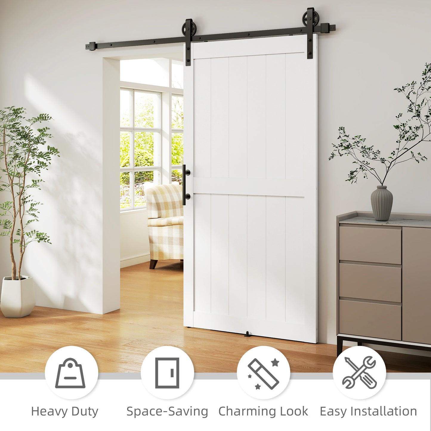 42inx84in Barn Door with 7FT Sliding Door Hardware Kit, Handle, Upgraded Rollers and Floor Guide, Waterproof, White