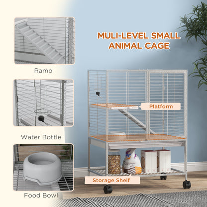 Rolling Small Animal Cage 34"H Chinchilla Cage for Ferrets, Squirrels w/ Removable Tray, Storage Shelf, Light Grey