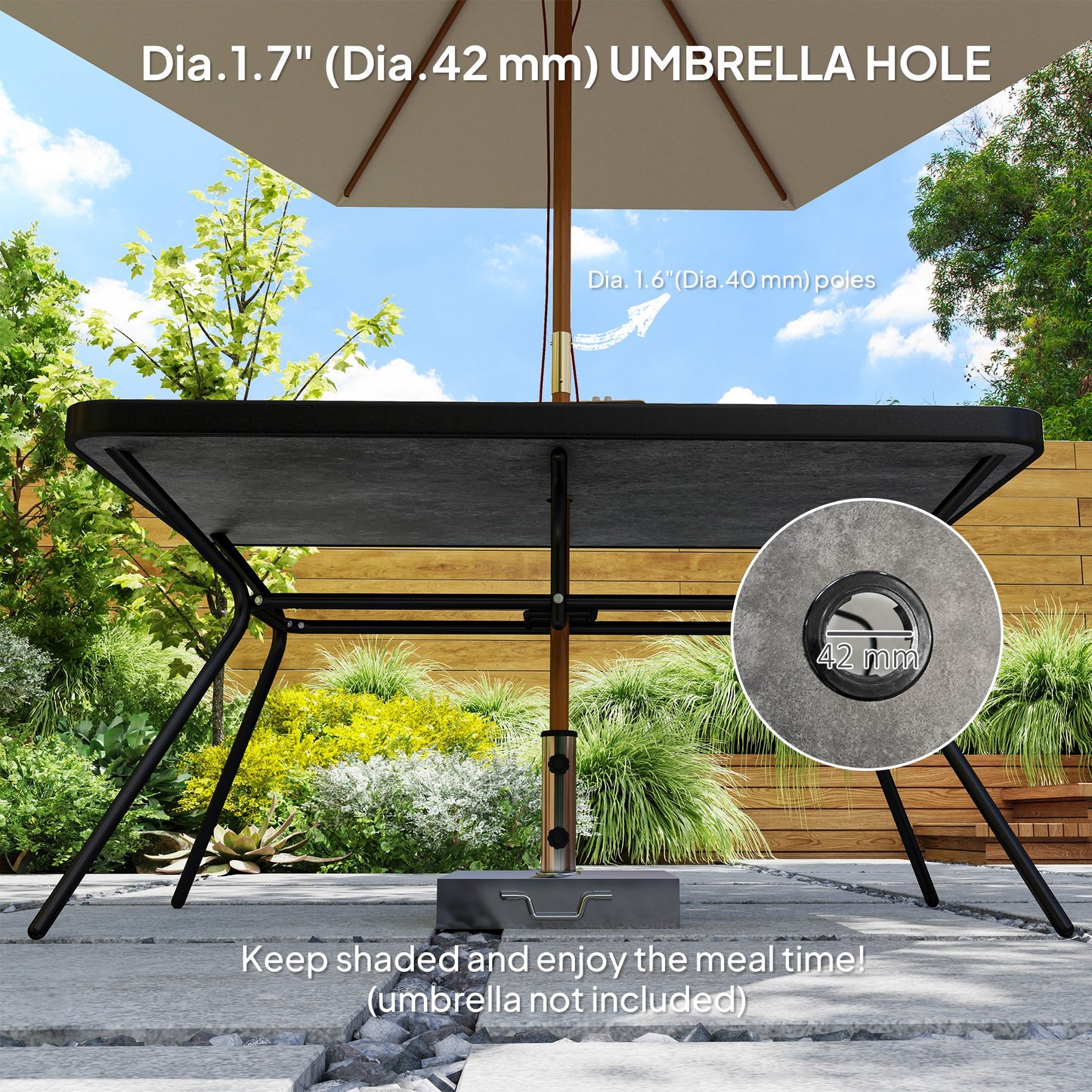 Rectangle Outdoor Dining Table for 6, with 1.7" Umbrella Hole, Easy Clean DPC Plastic Tabletop, 55" x 31.5" x 28"