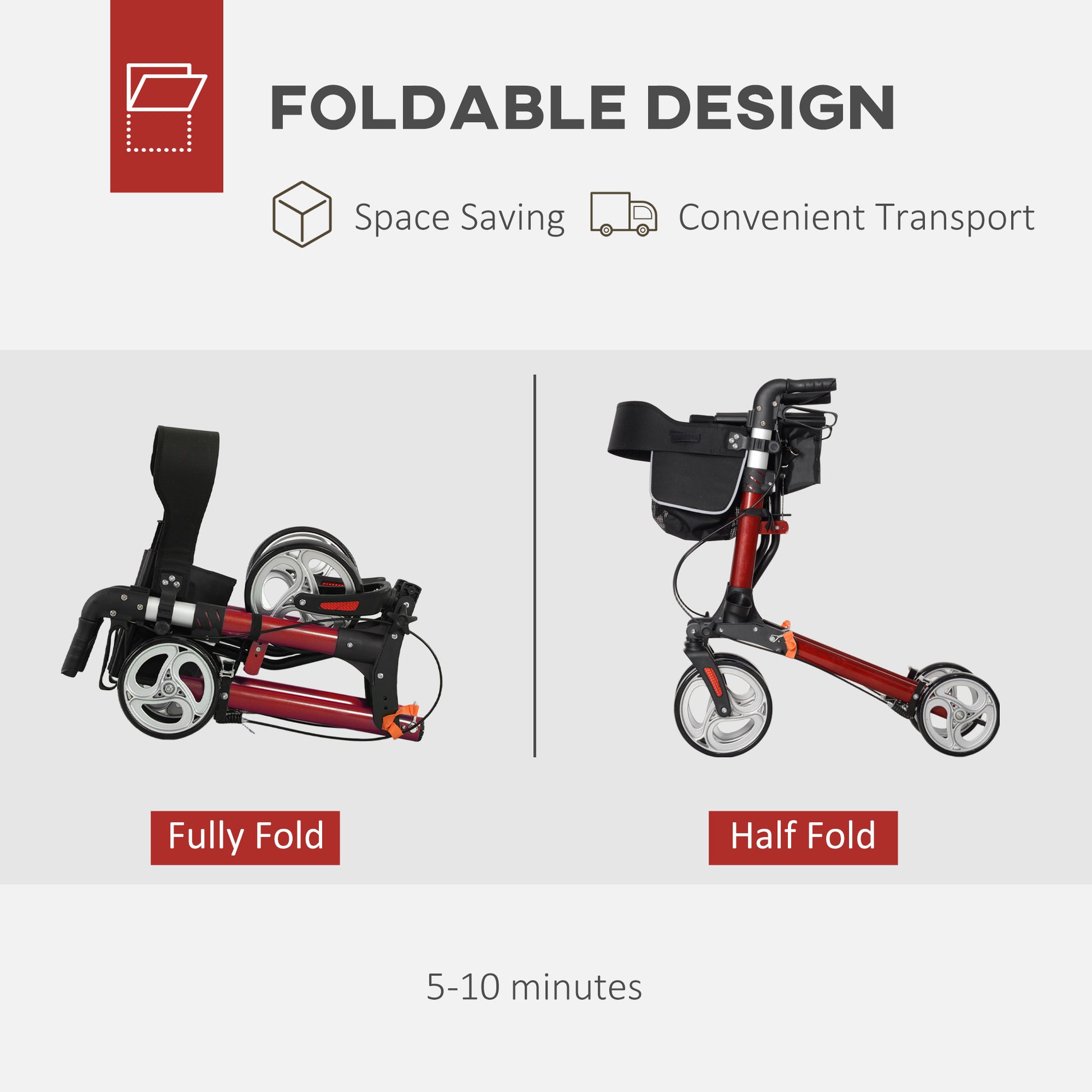 Lightweight Folding Rolling Walker with Large Seat, Back, Adjustable Handle, Bag, Dual Brake, Cane Holder, Red