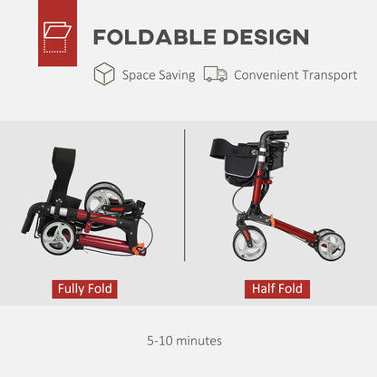 Lightweight Folding Rolling Walker with Large Seat, Back, Adjustable Handle, Bag, Dual Brake, Cane Holder, Red