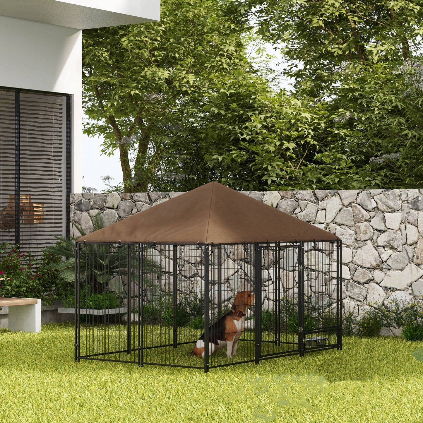 6.9' x 4.6' x 5' Outdoor Dog Kennel with Canopy, Rotating Bowls, Coffee