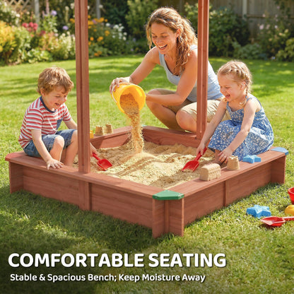 Wooden Sandbox with Cover, Kids Sandbox Outdoor with Adjustable Canopy and Seats for Backyard, Beach, Dark Brown