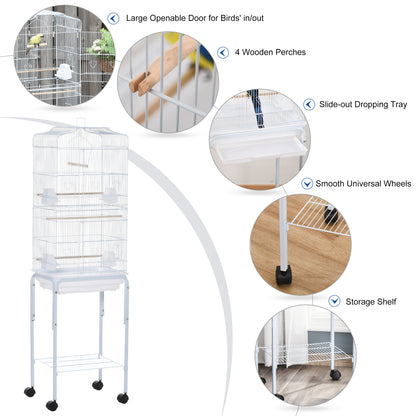 62" Rolling Bird Cage Cockatoo House Play Top Finch Pet Supply with Storage Shelf, Wheels - White