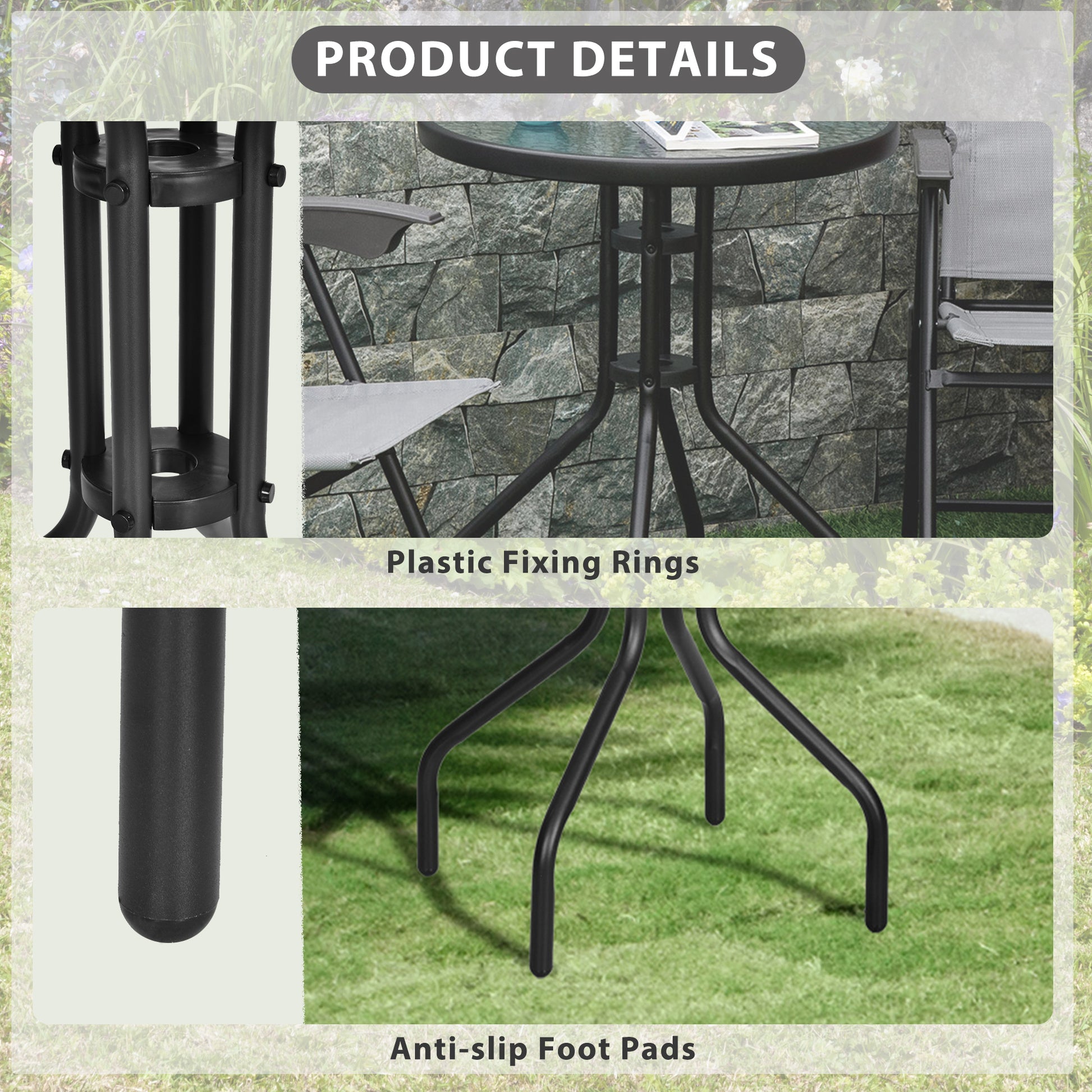 24" Patio Table Round Tempered Glass Top Outdoor Dining Steel Frame Backyard
